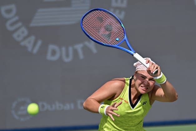 2026 Dubai Duty Free Tennis Championship DUBAI, UNITED ARAB EMIRATES - FEBRUARY 17: Diana Shnaider in action against Iva Jovic (not seen) of United States during the women s singles match on Day Three of the Dubai Duty Free Tennis Championships at Dubai Duty Free Tennis Stadium on February 17, 2026 in Dubai, United Arab Emirates. Waleed Zein Anadolu Dubai United Arab Emirates. Editorial use only. Please get in touch for any other usage.  Copyright: x2026xAnadoluxWaleedxZeinx