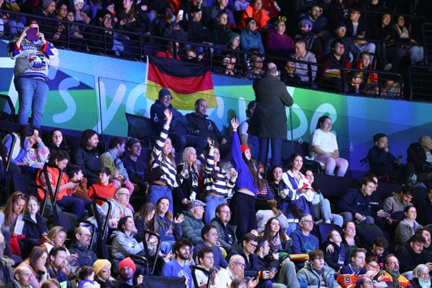 February 17, 2026, Milan, Lombardy, Italy: FANS OF TEAM GERMANY look happy being ahead 3:0 after the first period in the Play-off game between Team Germany and Team France at the Milano Cortina 2026 Olympic Games, Olympische Spiele, Olympia, OS Olympics 2026: Milano Cortina: Ice hockey, Eishockey Men: GER:FRA  - ZUMAc179 20260217_oly_c179_023 Copyright: xMickaelxChavetx