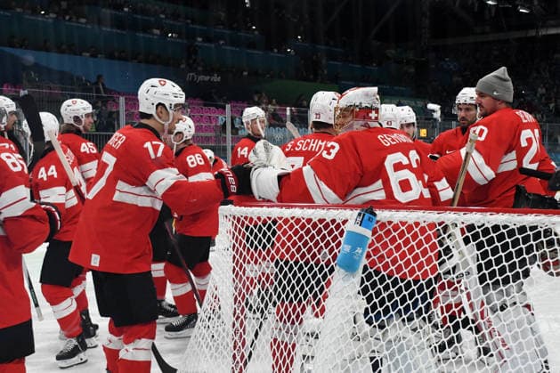 GIOCHI OLIMPICI - Olimpiadi Invernali Milano-Cortina 2026 - Ice hockey, Eishockey Ice hockey Suisse vs Italy playoff, Suisse line up during Ice Hockey, Olympic Winter games, Winterspiele,Spiele, Summer games Milano-Cortina 2026 in Milano, Italy, February 17 2026 Cortina D Ampezzo Italy  Copyright: xIPAxSport ABACAx