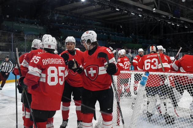 Ice hockey, Eishockey Suisse vs Italy playoff, Suisse line up during Ice Hockey, Olympic Winter games, Winterspiele,Spiele, Summer games Milano-Cortina 2026 in Milano, Italy, February 17 2026  Copyright: xPasqualexGolia IPAxSportx xipa-agency.netx xx IPA_71638036 IPA_Agency_IPA71638036