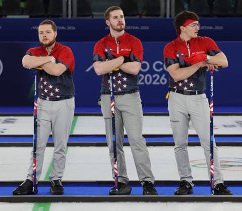 L-R USA s Luc Violette, Ben Richardson and Aidan Oldenburg look on in defeat against China in the Round Robin Team Curling match at the 2026 Winter Olympics in Cortina, Italy on Tuesday February 17, 2026. China won the match 8-5.  OLY20260217609 HUGOxPHILPOTT