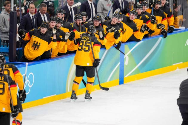 Frederik Tiffels (Germany) celebrates after scoring his team s second goal with teammates during the Ice hockey, Eishockey Men - Qualification Play-off match between Germany v France on day eleven of the Milano Cortina 2026 Winter Olympic Games, Olympische Spiele, Olympia, OS at Milano Santagiulia IHO Ice Hockey Arena on February 17, 2026 in Milan, Italy. (Photo by Alex Gottschalk DeFodi Images) - *** Frederik Tiffels Germany celebrates after scoring his team s second goal with teammates during the Ice Hockey Men Qualification Play off match between Germany v France on day eleven of the Milano Cortina 2026 Winter Olympic games at Milano Santagiulia IHO Ice Hockey Arena on February 17, 2026 in Milan, Italy Photo by Alex Gottschalk DeFodi Images