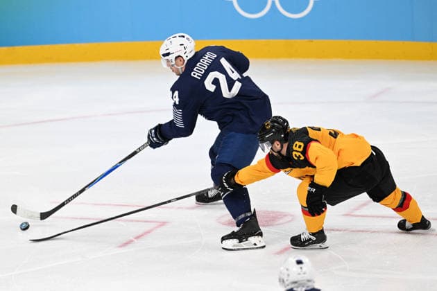 Winter Olympics - Ice hockey, Eishockey - Men - France v Germany Justin Addamo (24) of Team France, Fabio Wagner (38) of Team Germany during the men s qualification play-off ice hockey match between Germany and France at the Milano Santagiulia Ice Hockey Arena during the Milano Cortina 2026 Winter Olympic Games, Olympische Spiele, Olympia, OS in Milan, on February 17, 2026. Photo by JMP ABACAPRESS.COM Milan Italy  Copyright: xJMP ABACAx