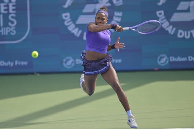 2026 Dubai Duty Free Tennis Championship DUBAI, UNITED ARAB EMIRATES - FEBRUARY 17: Coco Gauff of United States in action against Anna Kalinskaya (not seen) of Russia during the women s singles match last 32 round of the Dubai Duty Free Tennis Championships at Dubai Duty Free Tennis Stadium in Dubai, United Arab Emirates, on February 17, 2026. Waleed Zein Anadolu Dubai United Arab Emirates. Editorial use only. Please get in touch for any other usage.  Copyright: x2026xAnadoluxWaleedxZeinx