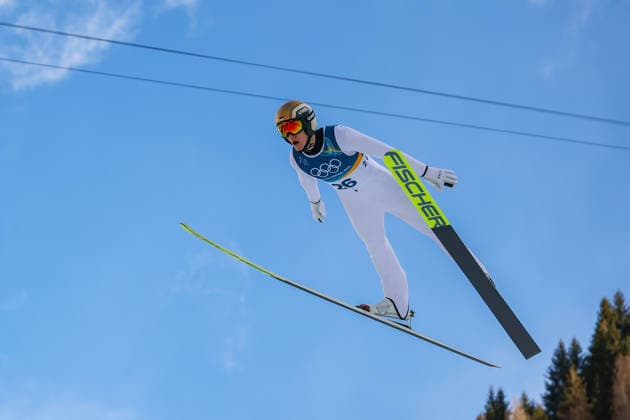 (260217) -- PREDAZZO, Feb. 17, 2026 -- Kristjan Ilves of Estonia competes during the Ski jumping, Skispringen, Ski, nordisch competition round of the Nordic Combined Individual Gundersen Large Hill 10km at the 2026 Milan-Cortina Winter Olympics in Predazzo, Italy, Feb. 17, 2026. ) (MICO2026)ITALY-PREDAZZO-OLYMPIC Winter games, Winterspiele,Spiele, Summer games NORDIC COMBINED-INDIVIDUAL GUNDERSEN LARGE HILL 10KM HuangxWei 