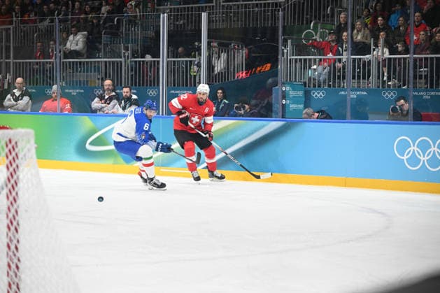 February 17, 2026, Milano, Lombardia, Italy: Jason Seed (ITA),Nino Niederreiter (SUI) during the Winter Olympic Games, Olympische Spiele, Olympia, OS Milano Cortina 2026, at the Milano Rho Ice hockey, Eishockey Arena, on February 17, 2026 in Milano, Italy Milano Italy - ZUMAm345 20260217_oly_m345_009 Copyright: xFedericoxManonix