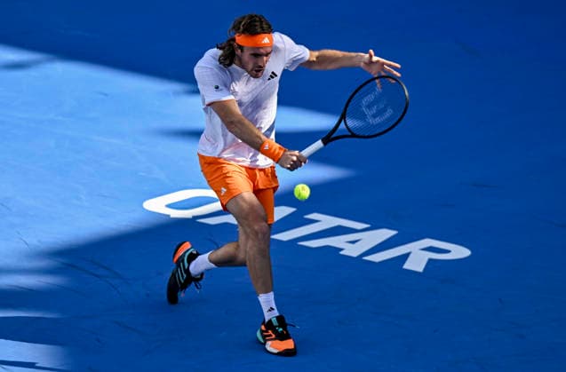 ATP, Tennis Herren QATAR EXXONMOBIL OPEN-ROUND OF 32 Stefanos Tsitsipas of Greece competes against Moez Echargui of Tunisiain the Round of 32 at the ATP men s Qatar ExxonMobil Open 2026 tennis tournament at the Khalifa International Tennis Complex in Doha, Qatar, on February 17, 2026. DOHA Qatar Copyright: xNOUSHADx