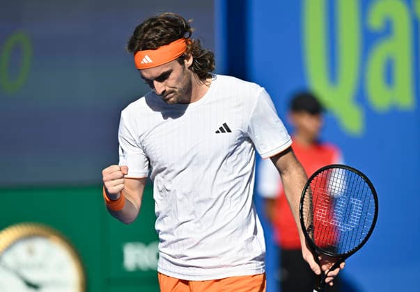 ATP, Tennis Herren QATAR EXXONMOBIL OPEN-ROUND OF 32 Stefanos Tsitsipas of Greece competes against Moez Echargui of Tunisia in the Round of 32 at the ATP men s Qatar ExxonMobil Open 2026 tennis tournament at the Khalifa International Tennis Complex in Doha, Qatar, on February 17, 2026. DOHA Qatar Copyright: xNOUSHADx