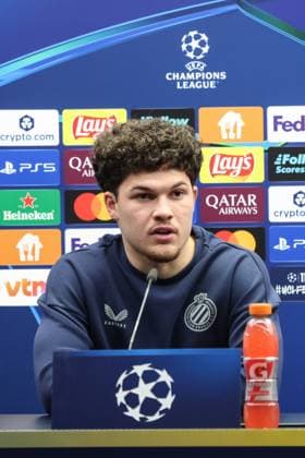Club s Kyriani Sabbe pictured during a press conference, PK, Pressekonferenz of Belgian soccer team Club Brugge, in Brugge, on Tuesday 17 February 2026. Tomorrow, Club Brugge will play against Spanish team Atletico Madrid, a first leg game in the Knockout phase play-offs of the UEFA Champions League tournament. BRUNOxFAHY  x163948771x