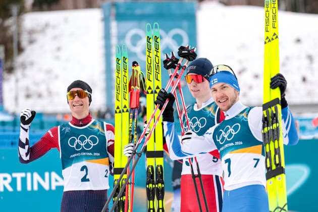 OLYMPICS - Winter Olympic Games, Olympische Spiele, Olympia, OS Milano Cortina 2026 TESERO,ITALY,17.FEB.26 - OLYMPICS, NORDIC SKIING, NORDIC COMBINED, CROSS COUNTRY - Winter Olympic Games Milano Cortina 2026, 10km Gundersen. Image shows the rejoicing of Johannes Lamparter (AUT), Jens Luraas Oftebro (NOR) and Ikka Herola (FIN).  GEPAxpictures xMatthiasxTrinkl