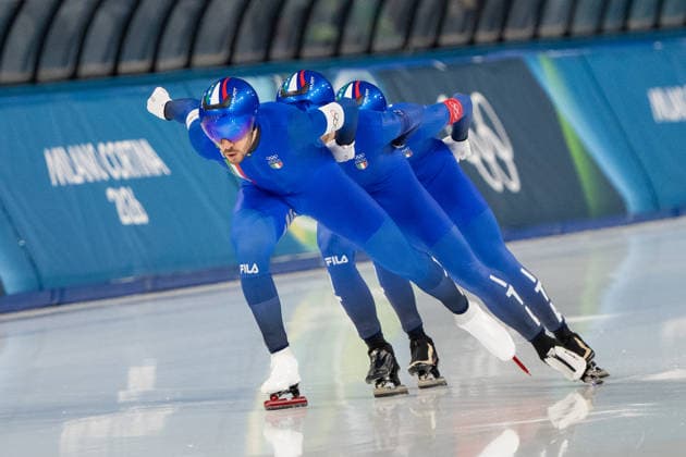 2026-02-17 - Milano Cortina 2026 Winter Olympics Speed skating, Eisschnelllauf Men s Team Pursuit MILAN, ITALY - FEBRUARY 17: Davide Ghiotto of Italy, Michele Malfatti of Italy, Andrea Giovannini of Italy during the Speed Skating Men s Team Pursuit on day 3 of the Milano Cortina 2026 Winter Olympics at the Milano Speed Skating Arena on February 17, 2026 in Milan, Italy Milan Milano Speed Skating Arena Italy Content not available for redistribution in The Netherlands directly or indirectly through any third parties. Copyright: xAndrexWeeningx