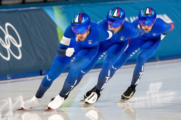 2026-02-17 - Milano Cortina 2026 Winter Olympics Speed skating, Eisschnelllauf Men s Team Pursuit MILAN, ITALY - FEBRUARY 17: Davide Ghiotto of Italy, Michele Malfatti of Italy, Andrea Giovannini of Italy during the Speed Skating Men s Team Pursuit on day 3 of the Milano Cortina 2026 Winter Olympics at the Milano Speed Skating Arena on February 17, 2026 in Milan, Italy Milan Milano Speed Skating Arena Italy Content not available for redistribution in The Netherlands directly or indirectly through any third parties. Copyright: xAndrexWeeningx
