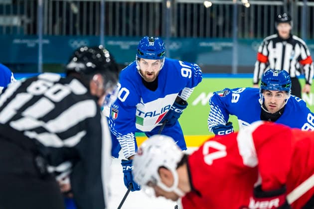 February 17, 2026, Milan, Lombardy, Italy: Defender Dylan Di Perna 90 Of Team Italy plays against Team Switzerland in the Mens Qualification Play Off Game at the Milano Rho Ice hockey, Eishockey Arena in MILAN, Italy during the 2026 Milano Cortina Winter Olympics. Milan Italy - ZUMAa161 20260217_oly_a161_048 Copyright: xWalterxG.xArcex