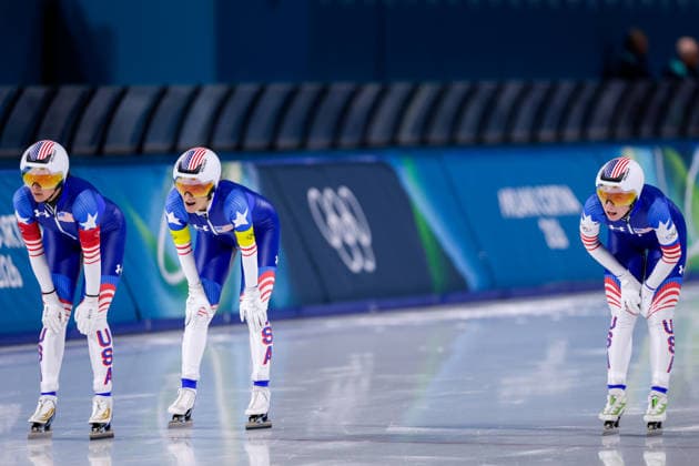2026-02-17 Speed skating, Eisschnelllauf - Milano Cortina 2026 Winter Olympics - Day 11 MILAN, ITALY - FEBRUARY 17: Giorgia Birkeland of USA, Brittany Bowe of USA, Mia Manganello of USA looks dejected after competing in the Women s Team Pursuit during Day 11 of Speed Skating - Milano Cortina 2026 Winter Olympics at Milano Speed Skating Stadium on February 17, 2026 in Milan, Italy. (Photo by Joris Verwijst BSR Agency) Milan Italy Content not available for redistribution in The Netherlands directly or indirectly through any third parties. Copyright: xBSRxAgencyx