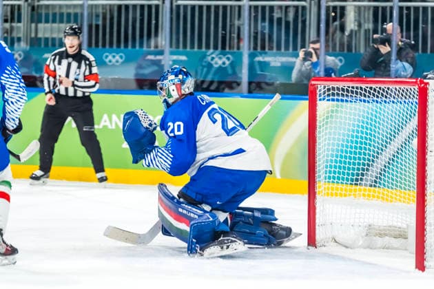 February 17, 2026, Milan, Lombardy, Italy: Goalkeeper Damian Clara 20 Of Team Italy makes a save against Team Switzerland in the Preliminary Round Group B at the Milano Rho Ice hockey, Eishockey Arena in MILAN, Italy during the 2026 Milano Cortina Winter Olympics. Team Switzerland defeats Italy 3:0 and heads to the quarterfinals against Team Finland. Olympics 2026: Milano Cortina: Ice Hockey Mens: Damian Clara  - ZUMAa161 20260217_oly_a161_141 Copyright: xWalterxG.xArcex