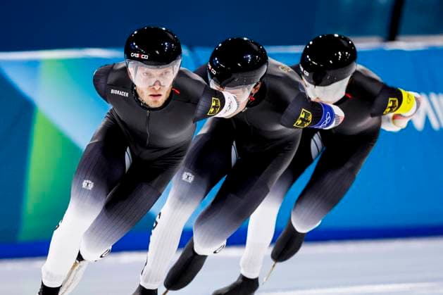 Patrick Beckert of Germany and Felix Maly of Germany and Fridtjof Petzold of Germany Men s Team Pursuit Finals, Milano Cortina 2026 Winter Olympics: Day 11, Speed skating, Eisschnelllauf - Milano Cortina 2026 Winter Olympics: Day 11, Milano Speed Skating Stadium, February 17, 2026, Milan, Italy.