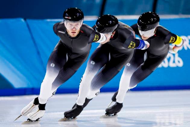 Patrick Beckert of Germany and Felix Maly of Germany and Fridtjof Petzold of Germany Men s Team Pursuit Finals, Milano Cortina 2026 Winter Olympics: Day 11, Speed skating, Eisschnelllauf - Milano Cortina 2026 Winter Olympics: Day 11, Milano Speed Skating Stadium, February 17, 2026, Milan, Italy.