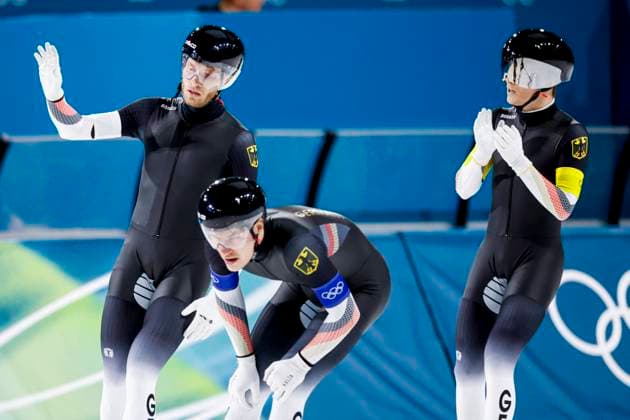 Patrick Beckert of Germany and Felix Maly of Germany and Fridtjof Petzold of Germany celebrates after Men s Team Pursuit Finals, Milano Cortina 2026 Winter Olympics: Day 11, Speed skating, Eisschnelllauf - Milano Cortina 2026 Winter Olympics: Day 11, Milano Speed Skating Stadium, February 17, 2026, Milan, Italy.