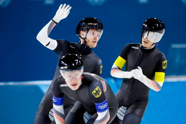 Patrick Beckert of Germany and Felix Maly of Germany and Fridtjof Petzold of Germany celebrates after Men s Team Pursuit Finals, Milano Cortina 2026 Winter Olympics: Day 11, Speed skating, Eisschnelllauf - Milano Cortina 2026 Winter Olympics: Day 11, Milano Speed Skating Stadium, February 17, 2026, Milan, Italy.