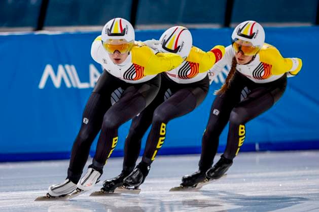 Sandrine Tas of Belgium and Isabelle Van Elst of Belgium and Fran Vanhoutte of Belgium Women s Team Pursuit Finals, Milano Cortina 2026 Winter Olympics: Day 11, Speed skating, Eisschnelllauf - Milano Cortina 2026 Winter Olympics: Day 11, Milano Speed Skating Stadium, February 17, 2026, Milan, Italy.