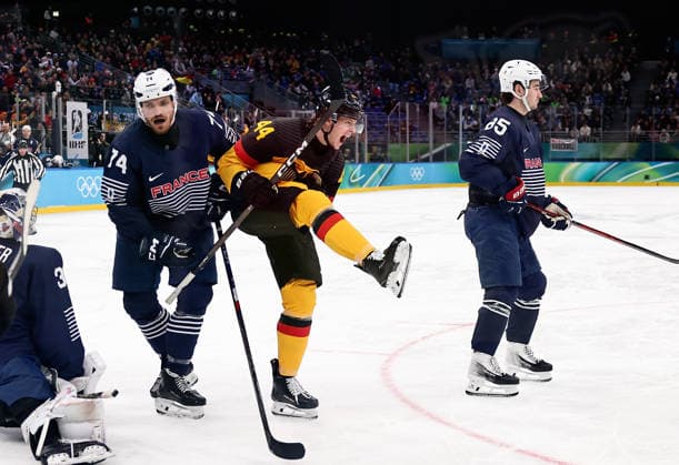 (260217) -- MILAN, Feb. 17, 2026 -- Joshua Samanski (C) of Germany reacts during the Ice hockey, Eishockey men s qualification play-off match between Germany and France at the Milan-Cortina 2026 Olympic Winter games, Winterspiele,Spiele, Summer games in Milan, Italy, Feb. 17, 2026. ) (MICO2026)ITALY-MILAN-OLYMPIC WINTER GAMES-ICE HOCKEY-MEN-QUALIFICATION PLAY-OFF-GER VS FRA WangxKaiyan 