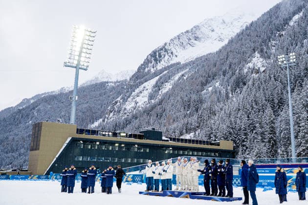 260217 Vetle Sjastad Christiansen, Sturla Holm Laegreid, Johan-Olav Botn and Martin Uldal of Norway, Fabien Claude. Emilien Jacquelin, Quentin Fillon Maillet and Eric Perrot of France Sebastian Samuelsson, Martin Ponsiluoma, Jesper Nelin and Viktor Brandt of Sweden celebrate on the podium after men s 4 x 7,5 km relay biathlon during day 11 of the 2026 Winter Olympics on February 17, 2026 in Anterselva. Photo: Mathias Bergeld BILDBYRAN kod MB JM0796 skidskytte biathlon skiskyting Olympic Games, Olympische Spiele, Olympia, OS olympics winter olympics os ol olympiska spel vinter-os olympiske leker milano cortina 2026 milan cortina 2026 milano cortina 2026 olympic games milano cortina 2026 winter olympic games milano cortina-os milano cortina-ol vinter-ol 11 bbeng stafett relay sverige jubel os-brons bronze norge frankrike *** 260217 Vetle Sjastad Christiansen, Sturla Holm Laegreid, Johan Olav Botn and Martin Uldal of Norway, Fabien Claude Emilien Jacquelin, Quentin Fillon Maillet and Eric Perrot of France Sebastian Samuelsson, Martin Ponsiluoma, Jesper Nelin and Viktor Brandt of Sweden celebrate on the podium after men s 4 x 7,5 km relay biathlon during day 11 of the 2026 Winter Olympics on February 17, 2026 in Anterselva Photo Mathias Bergeld BILDBYRAN code MB JM0796 biathlon biathlon biathlon olympic games olympics olympics winter olympics os ol olympiska spel vinter os olympiske leker milano cortina 2026 milan cortina 2026 milano cortina 2026 olympic games milano cortina 2026 winter olympic games milano cortina os milano cortina ol vinter ol 11 bbeng relay sverige jubel os bronze norge frankrike  Copyright: MATHIASxBERGELD BB260217MB048
