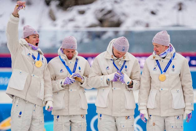 Winter Olympics in Milan Cortina 2026 Anterselva, Italy 20260217. Eric Perrot, Quentin Fillon Maillet, Emilien Jacquelin and Fabien Claude from France on the podium after the men s 4 x 7.5 km relay in biathlon during the Winter Olympics in Milano Cortina 2026. Photo: Heiko Junge NTB Anterselva Italy EDITORIAL USE ONLY. RESTRICTED USE FOR BETTING COMPANIES Ref:_SPOiadKYXg0X_s.jpg *** Winter Olympics in Milan Cortina 2026 Anterselva, Italy 20260217 Eric Perrot, Quentin Fillon Maillet, Emilien Jacquelin and Fabien Claude from France on the podium after the men s 4 x 7 5 km relay in biathlon during the Winter Olympics in Milano Cortina 2026 Photo Heiko Junge NTB Anterselva Italy EDITORIAL USE ONLY RESTRICTED USE FOR BETTING COMPANIES  Copyright: xHeikoxJungex xNTBx