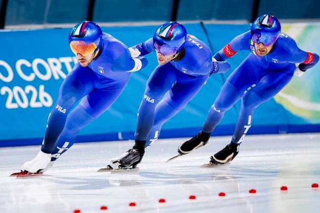 Davide Ghiotto of Italy and Michele Malfatti of Italy and Andrea Giovannini of Italy Men s Team Pursuit Finals, Milano Cortina 2026 Winter Olympics: Day 11, Speed skating, Eisschnelllauf - Milano Cortina 2026 Winter Olympics: Day 11, Milano Speed Skating Stadium, February 17, 2026, Milan, Italy.