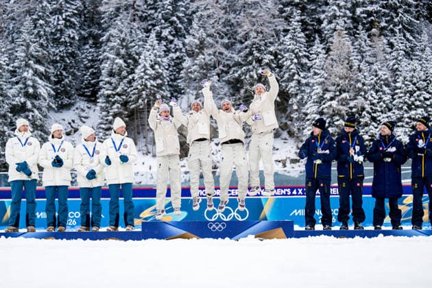 260217 Vetle Sjastad Christiansen, Sturla Holm Laegreid, Johan-Olav Botn and Martin Uldal of Norway, Fabien Claude. Emilien Jacquelin, Quentin Fillon Maillet and Eric Perrot of France Sebastian Samuelsson, Martin Ponsiluoma, Jesper Nelin and Viktor Brandt of Sweden celebrate on the podium after men s 4 x 7,5 km relay biathlon during day 11 of the 2026 Winter Olympics on February 17, 2026 in Anterselva. Photo: Joel Marklund BILDBYRAN kod JM JM0796 skidskytte biathlon skiskyting Olympic Games, Olympische Spiele, Olympia, OS olympics winter olympics os ol olympiska spel vinter-os olympiske leker milano cortina 2026 milan cortina 2026 milano cortina 2026 olympic games milano cortina 2026 winter olympic games milano cortina-os milano cortina-ol vinter-ol 11 bbeng stafett relay norge frankrike sverige jubel *** 260217 Vetle Sjastad Christiansen, Sturla Holm Laegreid, Johan Olav Botn and Martin Uldal of Norway, Fabien Claude Emilien Jacquelin, Quentin Fillon Maillet and Eric Perrot of France Sebastian Samuelsson, Martin Ponsiluoma, Jesper Nelin and Viktor Brandt of Sweden celebrate on the podium after men s 4 x 7,5 km relay biathlon during day 11 of the 2026 Winter Olympics on February 17, 2026 in Anterselva Photo Joel Marklund BILDBYRAN code JM JM0796 biathlon biathlon biathlon olympic games olympics olympics winter olympics os ol olympiska spel vinter os olympiske leker milano cortina 2026 milan cortina 2026 milan cortina 2026 olympic games milano cortina 2026 winter olympic games milano cortina os milano cortina ol vinter ol 11 bbeng relay norge frankrike sverige jubel  Copyright: JOELxMARKLUND BB260217JM077