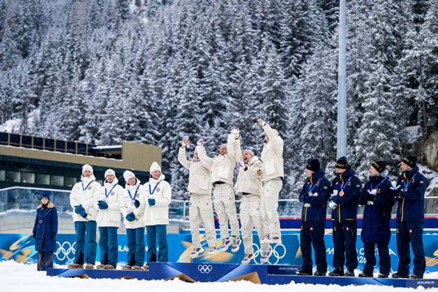 260217 Vetle Sjastad Christiansen, Sturla Holm Laegreid, Johan-Olav Botn and Martin Uldal of Norway, Fabien Claude. Emilien Jacquelin, Quentin Fillon Maillet and Eric Perrot of France Sebastian Samuelsson, Martin Ponsiluoma, Jesper Nelin and Viktor Brandt of Sweden celebrate on the podium after men s 4 x 7,5 km relay biathlon during day 11 of the 2026 Winter Olympics on February 17, 2026 in Anterselva. Photo: Mathias Bergeld BILDBYRAN kod MB JM0796 skidskytte biathlon skiskyting Olympic Games, Olympische Spiele, Olympia, OS olympics winter olympics os ol olympiska spel vinter-os olympiske leker milano cortina 2026 milan cortina 2026 milano cortina 2026 olympic games milano cortina 2026 winter olympic games milano cortina-os milano cortina-ol vinter-ol 11 bbeng stafett relay sverige jubel os-brons bronze norge frankrike *** 260217 Vetle Sjastad Christiansen, Sturla Holm Laegreid, Johan Olav Botn and Martin Uldal of Norway, Fabien Claude Emilien Jacquelin, Quentin Fillon Maillet and Eric Perrot of France Sebastian Samuelsson, Martin Ponsiluoma, Jesper Nelin and Viktor Brandt of Sweden celebrate on the podium after men s 4 x 7,5 km relay biathlon during day 11 of the 2026 Winter Olympics on February 17, 2026 in Anterselva Photo Mathias Bergeld BILDBYRAN code MB JM0796 biathlon biathlon biathlon olympic games olympics olympics winter olympics os ol olympiska spel vinter os olympiske leker milano cortina 2026 milan cortina 2026 milano cortina 2026 olympic games milano cortina 2026 winter olympic games milano cortina os milano cortina ol vinter ol 11 bbeng relay sverige jubel os bronze norge frankrike  Copyright: MATHIASxBERGELD BB260217MB049