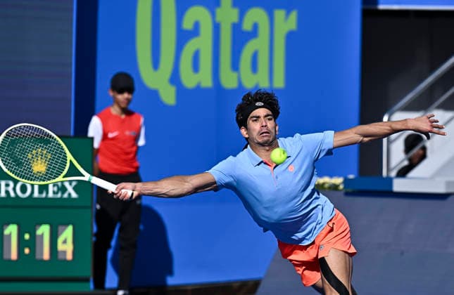 February 17, 2026, Doha, Qatar: Moez Echargui of Tunisia seen in action with Stefanos Tsitsipas of Greece (not in view) during the Round of 32 at the ATP, Tennis Herren men™s Qatar ExxonMobil Open 2026 tennis tournament at the Khalifa International Tennis Complex. Stefanos Tsitsipas won against Moez Echargui 6-4, 6-4. Doha Qatar - ZUMAs197 20260217_aaa_s197_095 Copyright: xNoushadxVariyattiyakkalx