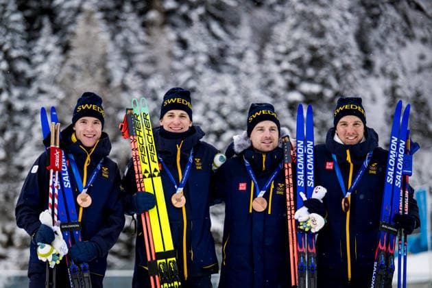 260217 Sebastian Samuelsson, Martin Ponsiluoma, Jesper Nelin and Viktor Brandt of Sweden celebrate on the podium after men s 4 x 7,5 km relay biathlon during day 11 of the 2026 Winter Olympics on February 17, 2026 in Anterselva. Photo: Joel Marklund BILDBYRAN kod JM JM0796 skidskytte biathlon skiskyting Olympic Games, Olympische Spiele, Olympia, OS olympics winter olympics os ol olympiska spel vinter-os olympiske leker milano cortina 2026 milan cortina 2026 milano cortina 2026 olympic games milano cortina 2026 winter olympic games milano cortina-os milano cortina-ol vinter-ol 11 bbeng stafett relay sverige jubel *** 260217 Sebastian Samuelsson, Martin Ponsiluoma, Jesper Nelin and Viktor Brandt of Sweden celebrate on the podium after men s 4 x 7,5 km relay biathlon during day 11 of the 2026 Winter Olympics on February 17, 2026 in Anterselva Photo Joel Marklund BILDBYRAN code JM JM0796 biathlon biathlon biathlon olympic games olympics olympics winter olympics os ol olympiska spel vinter os olympiske leker milano cortina 2026 milan cortina 2026 milan cortina 2026 olympic games milano cortina 2026 winter olympic games milano cortina os milano cortina ol vinter ol 11 bbeng relay relay sverige jubel  Copyright: JOELxMARKLUND BB260217JM084