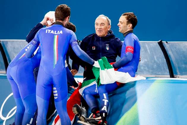 coach Maurizio Marchetto of Italy celebrates with Davide Ghiotto of Italy and Michele Malfatti of Italy and Andrea Giovannini of Italy after Men s Team Pursuit Finals, Milano Cortina 2026 Winter Olympics: Day 11, Speed skating, Eisschnelllauf - Milano Cortina 2026 Winter Olympics: Day 11, Milano Speed Skating Stadium, February 17, 2026, Milan, Italy.