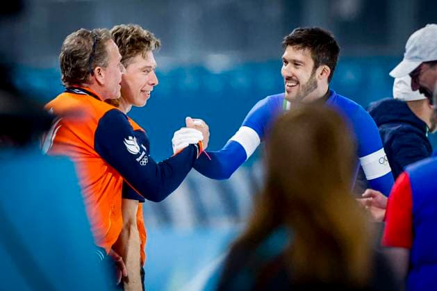 national coach Rintje Ritsma of TeamNL congratulates Davide Ghiotto of Italy after Men s Team Pursuit Finals, Milano Cortina 2026 Winter Olympics: Day 11, Speed skating, Eisschnelllauf - Milano Cortina 2026 Winter Olympics: Day 11, Milano Speed Skating Stadium, February 17, 2026, Milan, Italy.