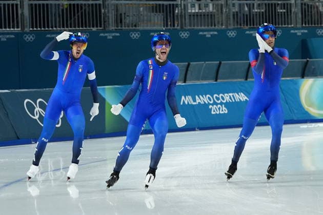 Italy team Davide Ghiotto, Andrea Giovannini and Michele Malfatti win gold medal during the Speed skating, Eisschnelllauf Men s Team Pursuit at the Milano Cortina 2026 Winter Olympics, in Milan (Italy) February 17, 2026 (Photo Gian Mattia D Alberto LaPresse)  Copyright: xGianxMattiaxD Alberto LaPressex
