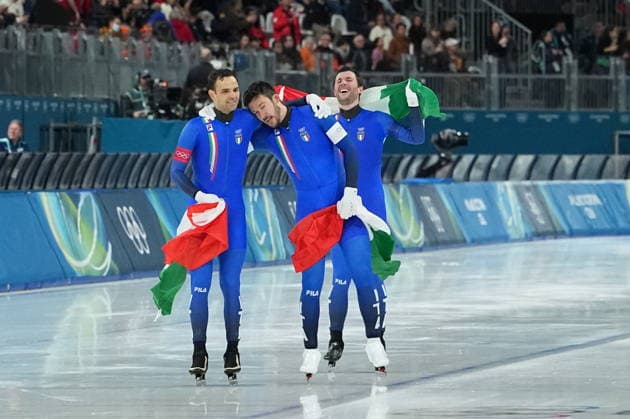 Italy team Davide Ghiotto, Andrea Giovannini and Michele Malfatti win gold medal during the Speed skating, Eisschnelllauf Men s Team Pursuit at the Milano Cortina 2026 Winter Olympics, in Milan (Italy) February 17, 2026 (Photo Gian Mattia D Alberto LaPresse)  Copyright: xGianxMattiaxD Alberto LaPressex