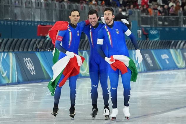 Italy team Davide Ghiotto, Andrea Giovannini and Michele Malfatti win gold medal during the Speed skating, Eisschnelllauf Men s Team Pursuit at the Milano Cortina 2026 Winter Olympics, in Milan (Italy) February 17, 2026 (Photo Gian Mattia D Alberto LaPresse)  Copyright: xGianxMattiaxD Alberto LaPressex