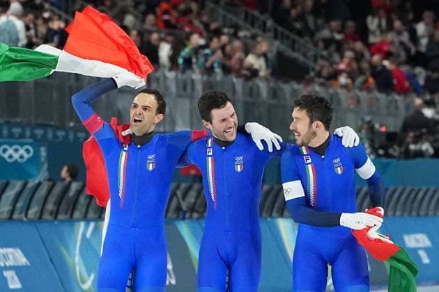 Italy team Davide Ghiotto, Andrea Giovannini and Michele Malfatti win gold medal during the Speed skating, Eisschnelllauf Men s Team Pursuit at the Milano Cortina 2026 Winter Olympics, in Milan (Italy) February 17, 2026 (Photo Gian Mattia D Alberto LaPresse)  Copyright: xGianxMattiaxD Alberto LaPressex