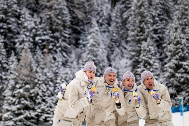 260217 Fabien Claude. Emilien Jacquelin, Quentin Fillon Maillet and Eric Perrot of France celebrate on the podium after men s 4 x 7,5 km relay biathlon during day 11 of the 2026 Winter Olympics on February 17, 2026 in Anterselva. Photo: Joel Marklund BILDBYRAN kod JM JM0796 skidskytte biathlon skiskyting Olympic Games, Olympische Spiele, Olympia, OS olympics winter olympics os ol olympiska spel vinter-os olympiske leker milano cortina 2026 milan cortina 2026 milano cortina 2026 olympic games milano cortina 2026 winter olympic games milano cortina-os milano cortina-ol vinter-ol 11 bbeng stafett relay frankrike jubel *** 260217 Fabien Claude Emilien Jacquelin, Quentin Fillon Maillet and Eric Perrot of France celebrate on the podium after men s 4 x 7,5 km relay biathlon during day 11 of the 2026 Winter Olympics on February 17, 2026 in Anterselva Photo Joel Marklund BILDBYRAN code JM JM0796 biathlon biathlon biathlon olympic games olympics olympics winter olympics os ol olympic games winter os olympic games milano cortina 2026 milan cortina 2026 milan cortina 2026 milan cortina 2026 olympic games milano cortina 2026 winter olympic games milano cortina os milano cortina ol winter ol 11 bbeng relay relay france cheering  Copyright: JOELxMARKLUND BB260217JM086