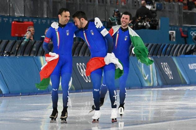 Team Italy Davide Ghiotto, Andrea Giovannini e Michele Malfatti during Speed skating, Eisschnelllauf Men s Team Pursuit - Final A, Olympic Winter games, Winterspiele,Spiele, Summer games Milano-Cortina 2026 in Milan, Italy, February 17 2026  Copyright: xPasqualexGolia IPAxSportx xipa-agency.netx xx IPA_71647735 IPA_Agency_IPA71647735