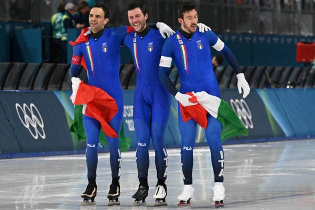 Team Italy Davide Ghiotto, Andrea Giovannini e Michele Malfatti during Speed skating, Eisschnelllauf Men s Team Pursuit - Final A, Olympic Winter games, Winterspiele,Spiele, Summer games Milano-Cortina 2026 in Milan, Italy, February 17 2026  Copyright: xPasqualexGolia IPAxSportx xipa-agency.netx xx IPA_71647745 IPA_Agency_IPA71647745