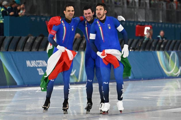 Team Italy Davide Ghiotto, Andrea Giovannini e Michele Malfatti during Speed skating, Eisschnelllauf Men s Team Pursuit - Final A, Olympic Winter games, Winterspiele,Spiele, Summer games Milano-Cortina 2026 in Milan, Italy, February 17 2026  Copyright: xPasqualexGolia IPAxSportx xipa-agency.netx xx IPA_71647740 IPA_Agency_IPA71647740