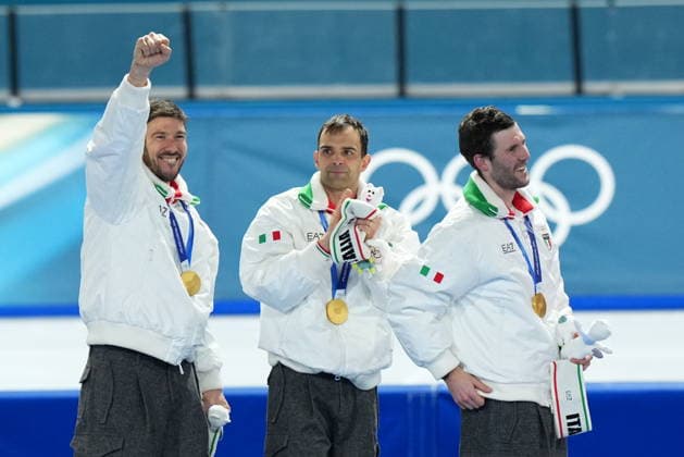 Italy team Davide Ghiotto, Andrea Giovannini and Michele Malfatti win gold medal during the Speed skating, Eisschnelllauf Men s Team Pursuit at the Milano Cortina 2026 Winter Olympics, in Milan (Italy) February 17, 2026 (Photo Gian Mattia D Alberto LaPresse)  Copyright: xGianxMattiaxD Alberto LaPressex