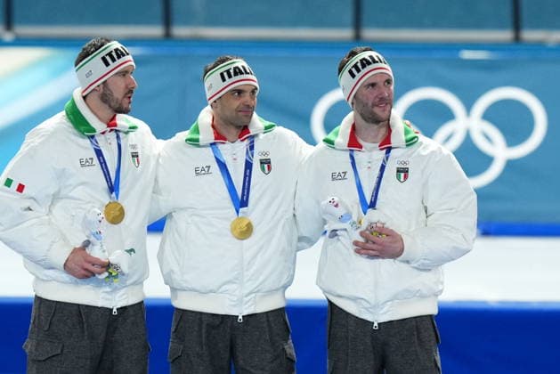 Italy team Davide Ghiotto, Andrea Giovannini and Michele Malfatti win gold medal during the Speed skating, Eisschnelllauf Men s Team Pursuit at the Milano Cortina 2026 Winter Olympics, in Milan (Italy) February 17, 2026 (Photo Gian Mattia D Alberto LaPresse)  Copyright: xGianxMattiaxD Alberto LaPressex