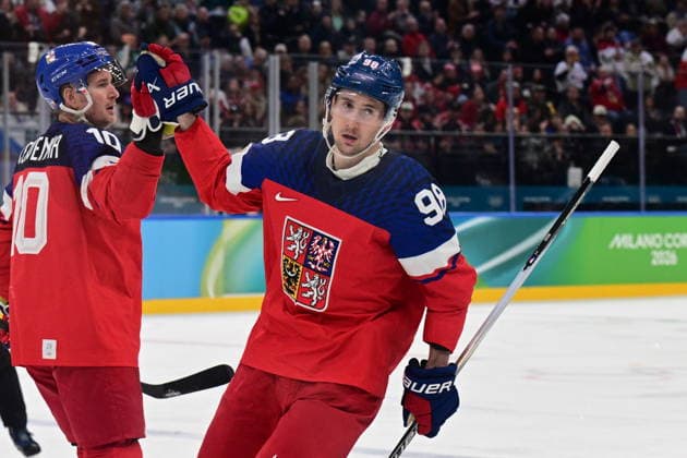 XXV Winter Olympic Games, Olympische Spiele, Olympia, OS in Milan, Italy, on February 17, 2026. Men s Ice hockey, Eishockey preliminary round playoffs, Czechia - Denmark. Martin Necas (CZE), right, receives congratulations on his first goal. (CTKxPhoto MichalxKamaryt) CTKPhotoP2026021706894  CTKPhotoP2026021706894