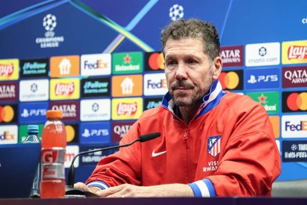 Atletico Madrid s head coach Diego Simeone pictured during a press conference, PK, Pressekonferenz of Spanish soccer team Atletico Madrid, in Brugge, on Tuesday 17 February 2026. Tomorrow, they will play against Belgian team Club Brugge, a first leg game in the Knockout phase play-offs of the UEFA Champions League tournament. BRUNOxFAHY  x163986340x