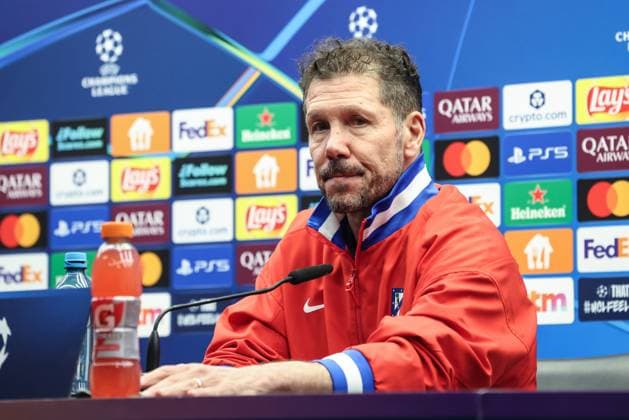 Atletico Madrid s head coach Diego Simeone pictured during a press conference, PK, Pressekonferenz of Spanish soccer team Atletico Madrid, in Brugge, on Tuesday 17 February 2026. Tomorrow, they will play against Belgian team Club Brugge, a first leg game in the Knockout phase play-offs of the UEFA Champions League tournament. BRUNOxFAHY  x163986356x