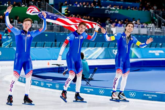 second Ethan Cepuran of United States of America and Casey Dawson of United States of America and Emery Lehman of United States of America celebrating and holding flag after Men s Team Pursuit Finals, Milano Cortina 2026 Winter Olympics: Day 11, Speed skating, Eisschnelllauf - Milano Cortina 2026 Winter Olympics: Day 11, Milano Speed Skating Stadium, February 17, 2026, Milan, Italy.