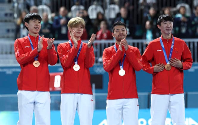 (260217) -- MILAN, Feb. 17, 2026 -- Bronze medalists Liu Hanbin, Wu Yu, Li Wenhao and Ning Zhongyan of China celebrate during the awarding ceremony of the Speed skating, Eisschnelllauf men s team pursuit event at the Milan-Cortina 2026 Olympic Winter games, Winterspiele,Spiele, Summer games in Milan, Italy, Feb. 17, 2026. ) (MICO2026)ITALY-MILAN-OLYMPIC WINTER GAMES-SPEED SKATING-MEN S TEAM PURSUIT-FINALS LixJing 