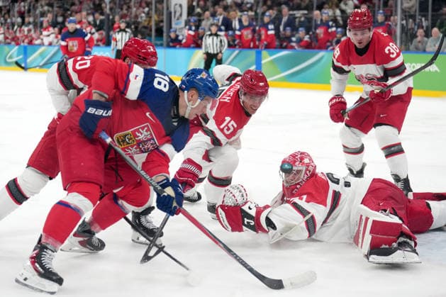 Milano Cortina 2026, Milan, Italy, 17.02, 2026, MiCo2026, MiCo, 2026, Olympics, Olympic, Winter Olympic, Olympic Winter games, Winterspiele,Spiele, Summer games Ice hockey, Eishockey Ondrej Palat of Czechia in action against Matias Lassen and Frederik Andersen of Denmark during play off ice hockey game between Czech Republic and Denmark Milano Cortina 2026 Olympic Winter Games in Milan, Italy, 17.02.2026. Photo: Roman Koksarov (RKF) Milan Italy Copyright: xRomanxKoksarovx DSC02397.JPG